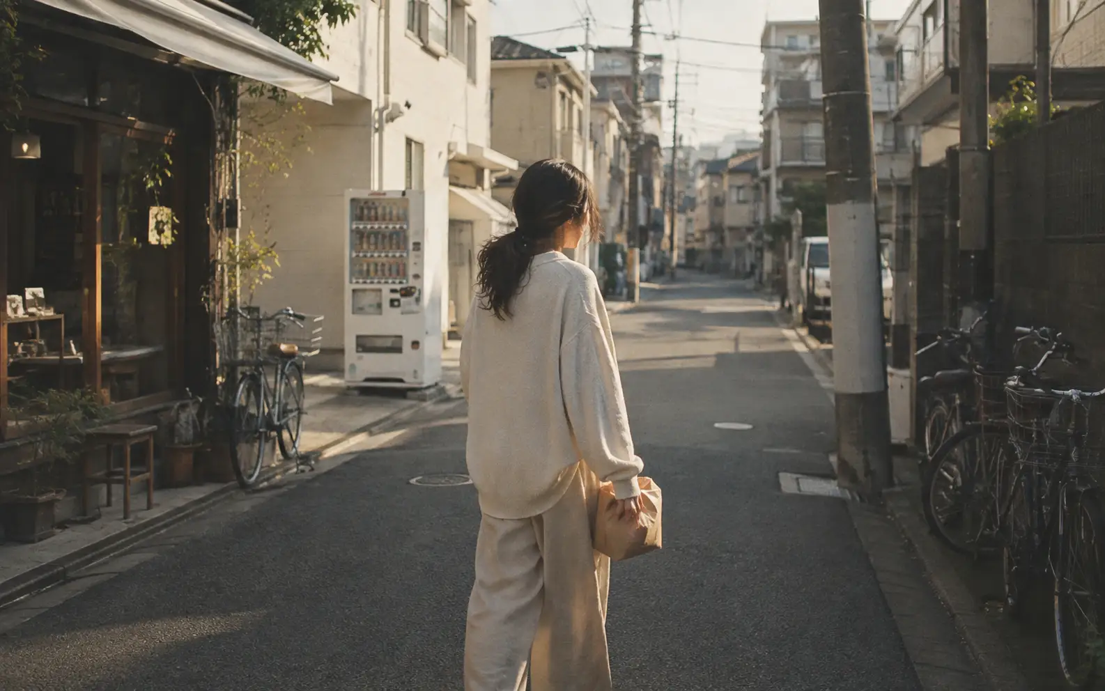 HSPで疲れた休日の午後に、静かな近所を一人で歩く女性