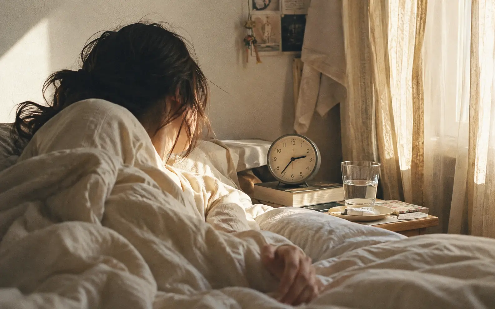 HSPで休日ずっと寝てしまう日に、午後の時計を見ながらベッドで目を覚ます女性