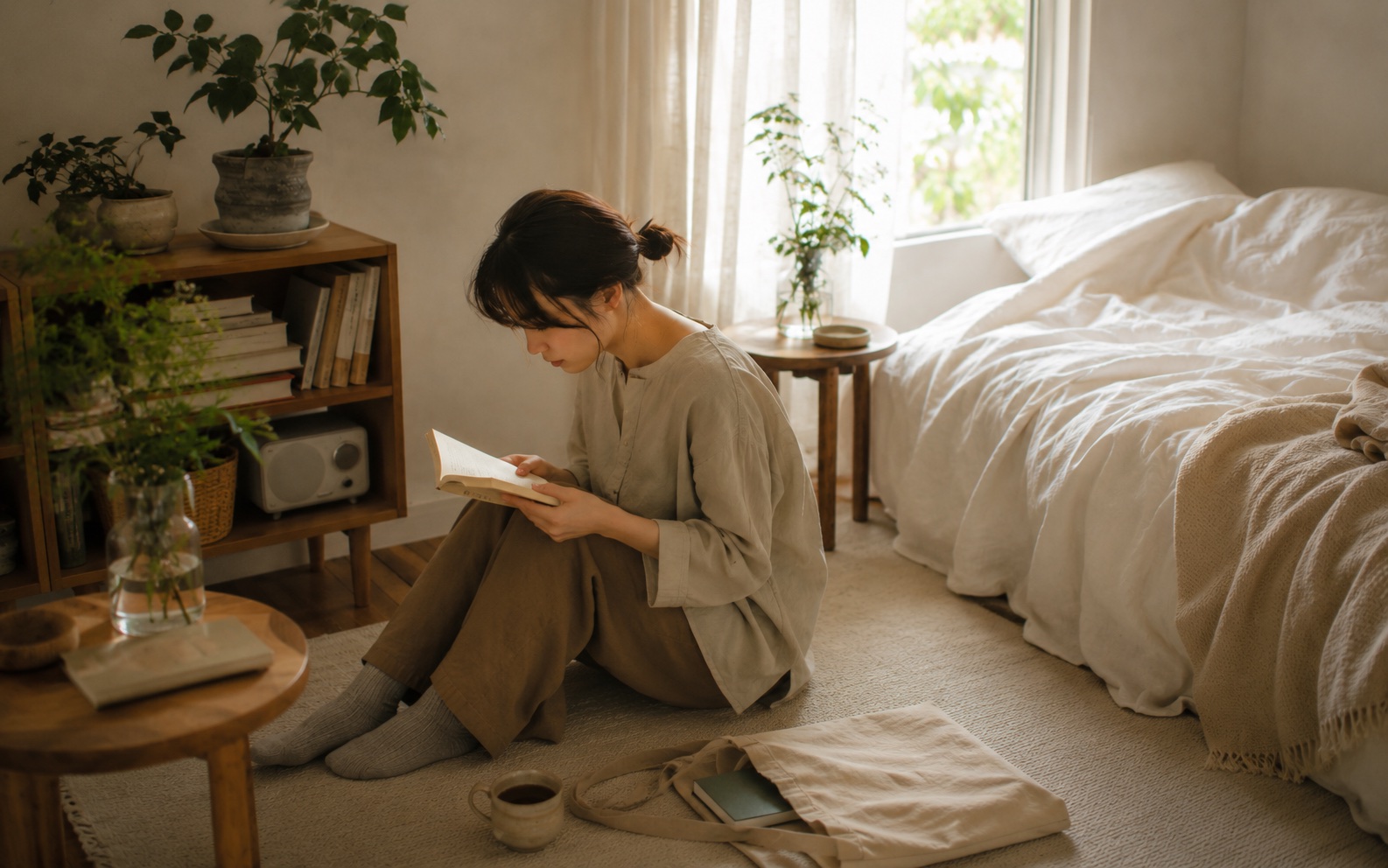 ひとり時間に、明るい部屋で本を読む女性