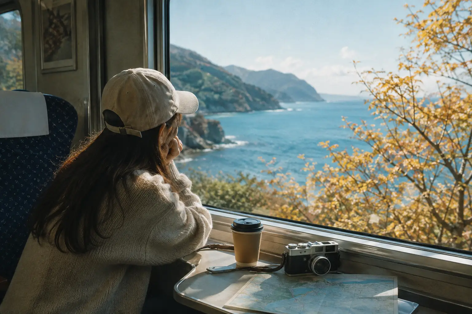 秋の海岸を走る列車の窓から景色を眺める女性