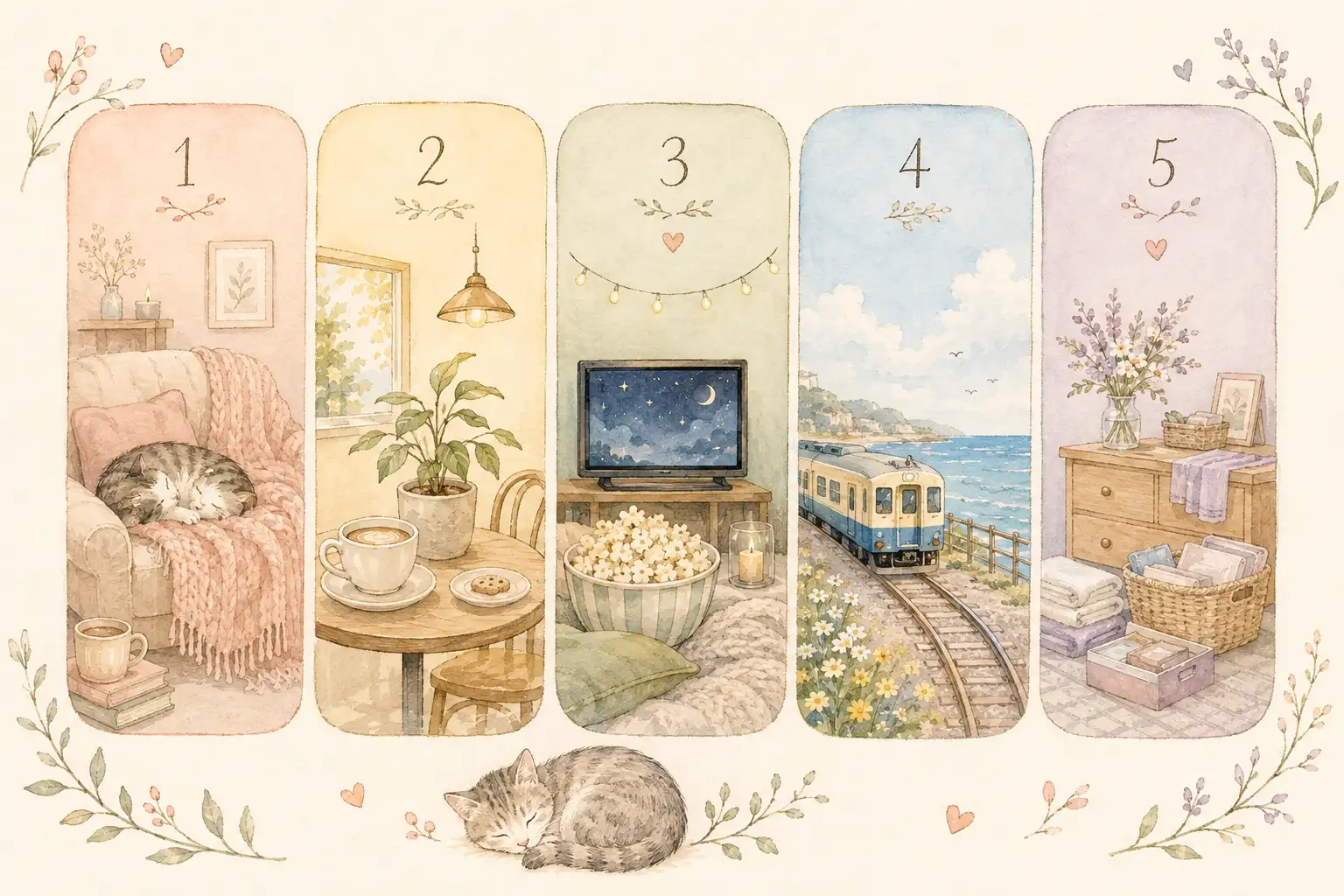 休息、カフェ、映画、列車の旅、部屋の片づけを描いた5日間の水彩イラスト