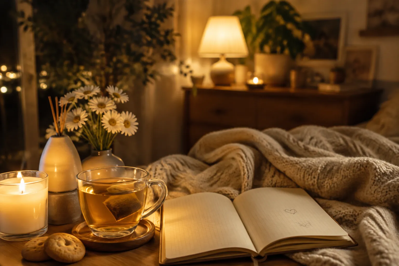 灯りを落とした部屋に置かれた温かいお茶とノート、キャンドル