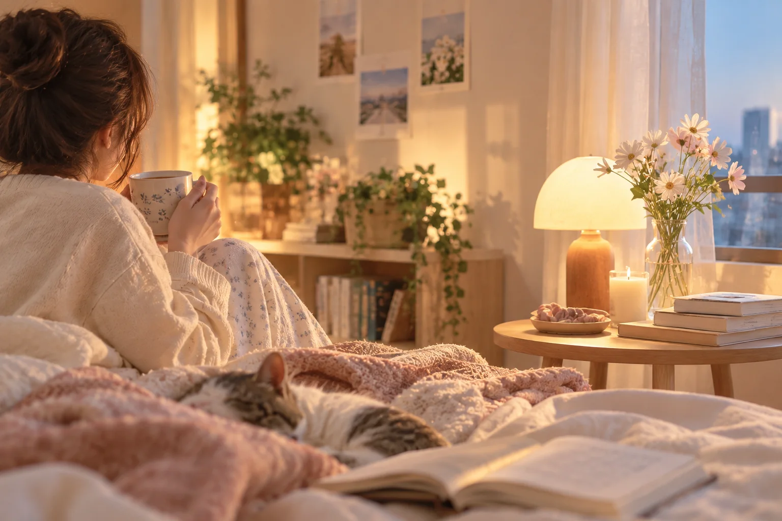 ベッドで温かい飲み物を持つ女性と、毛布の上で眠る猫