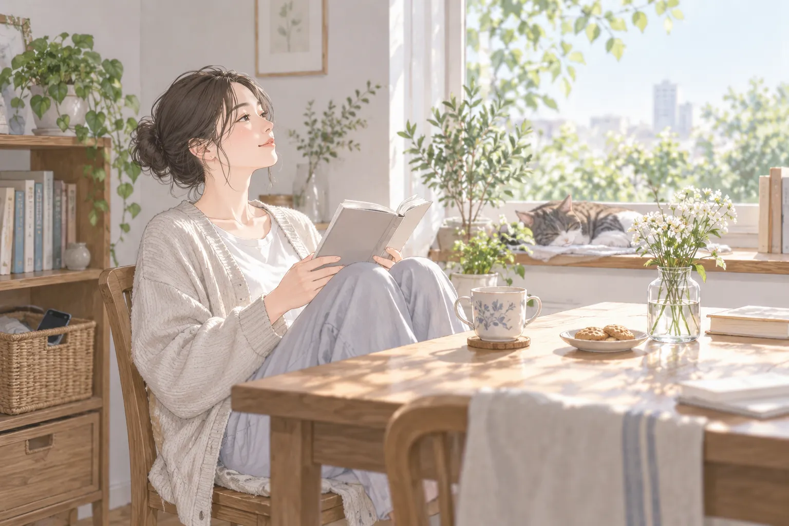 明るい部屋で本と温かい飲みものを楽しみながら、スマートフォンから離れて過ごす女性と猫