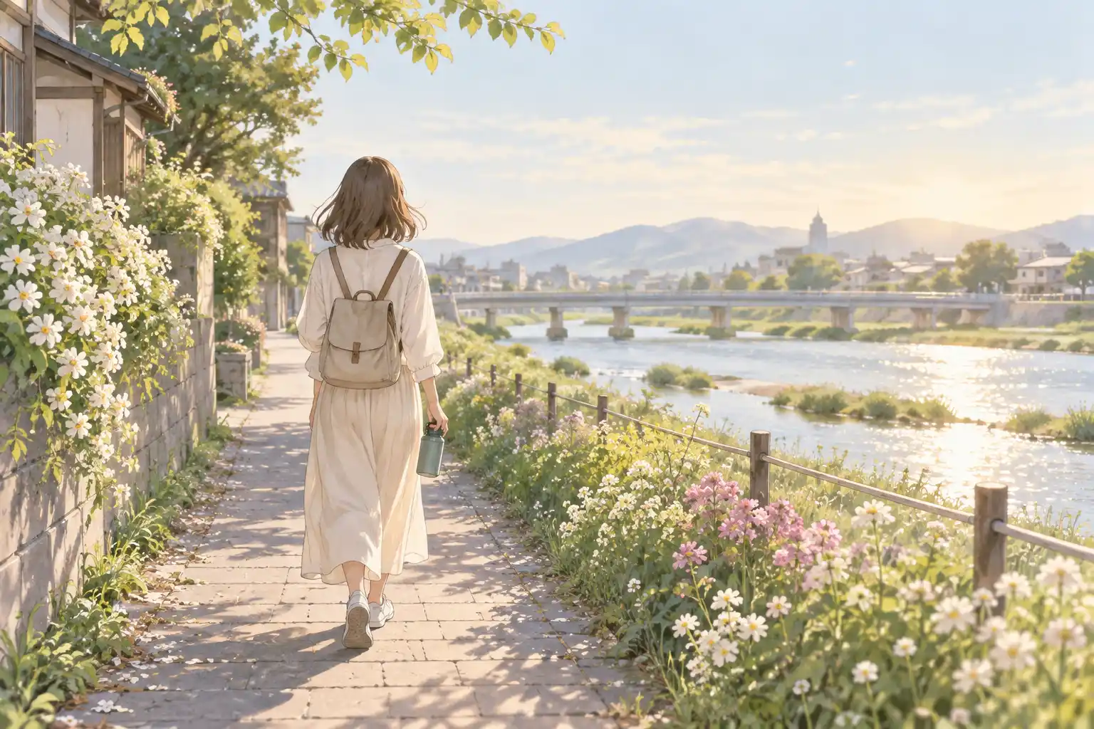 夕方の川沿いを花や光を感じながらゆっくり歩く女性
