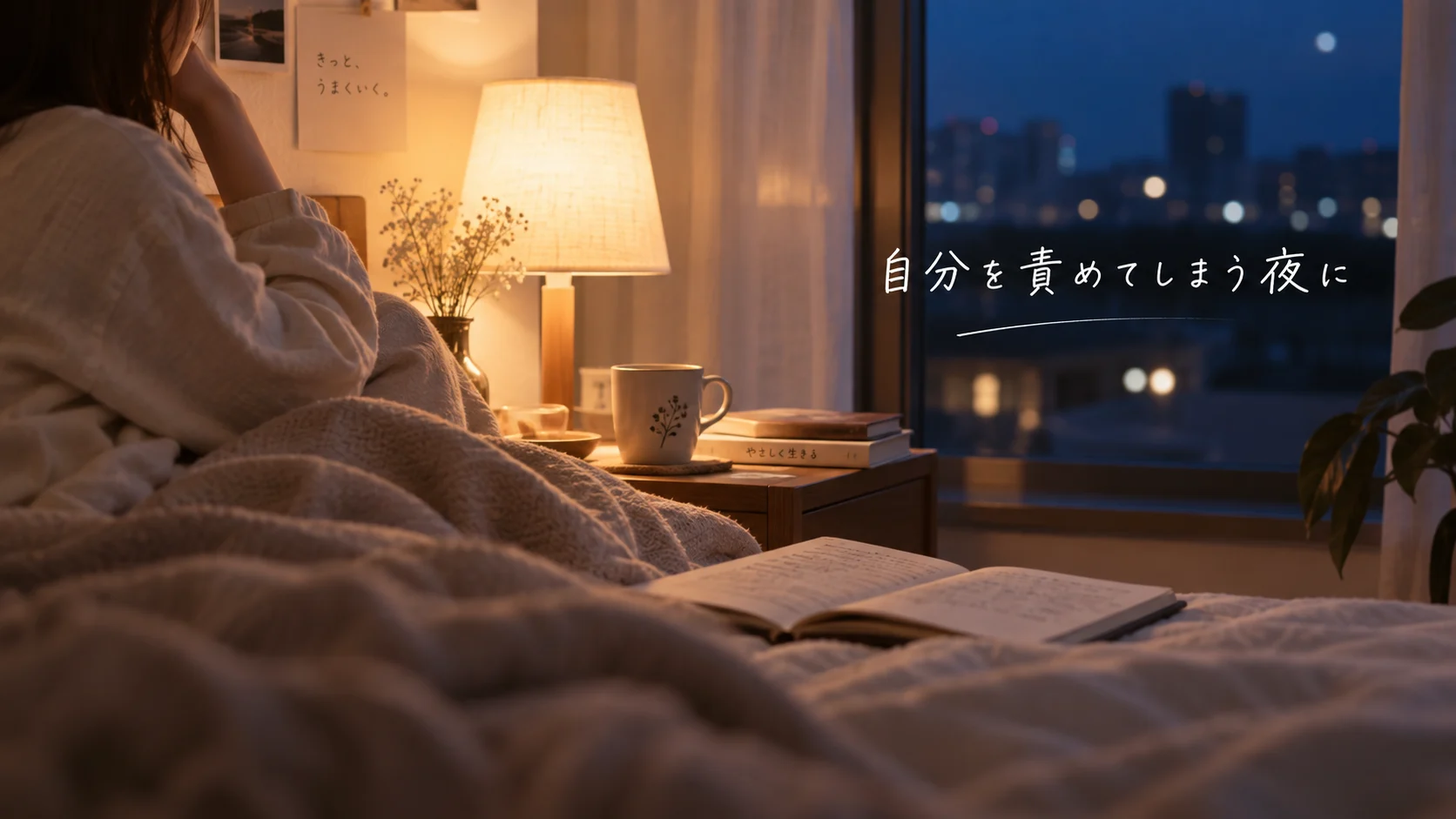 夜の寝室で、女性が灯りと温かい飲み物のそばで静かに座っている。窓には『自分を責めてしまう夜に』という文字が見える