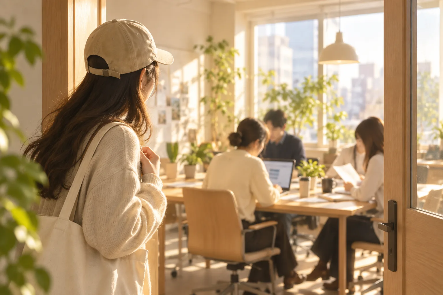 柔らかな日差しのオフィスの入口で、室内をそっと見つめる女性