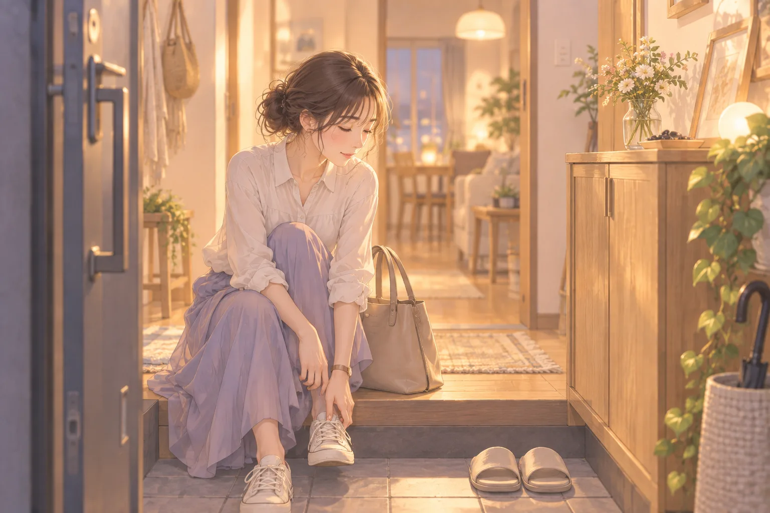 玄関で一日を終える女性
