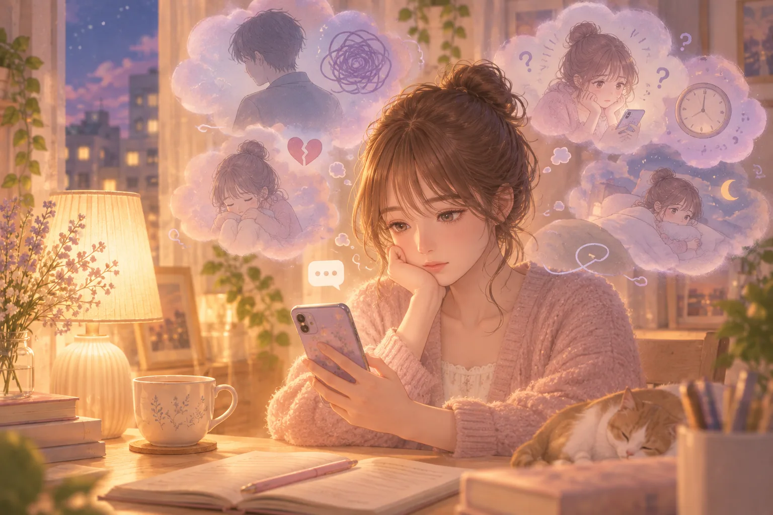 スマートフォンを見ながら考え込む女性