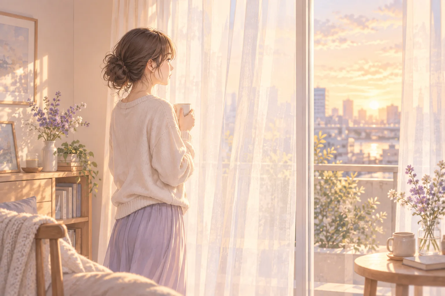 窓辺で静かに過ごす女性