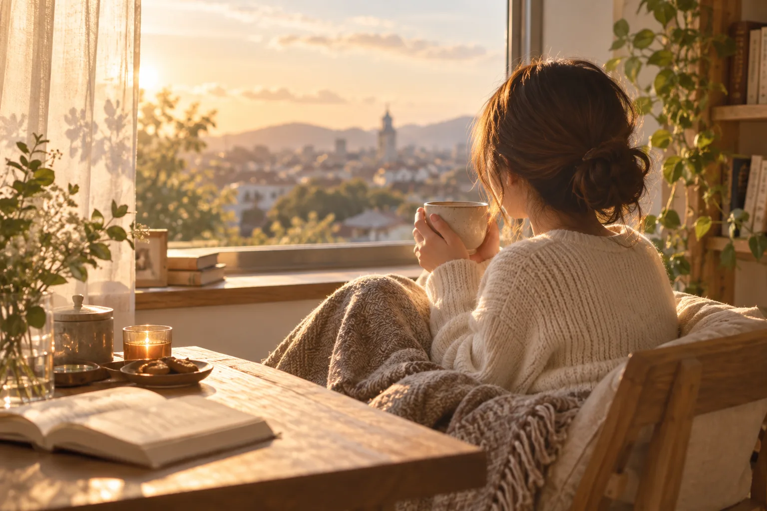 夕日の入る窓辺で、湯のみを手に静かな時間を過ごす女性