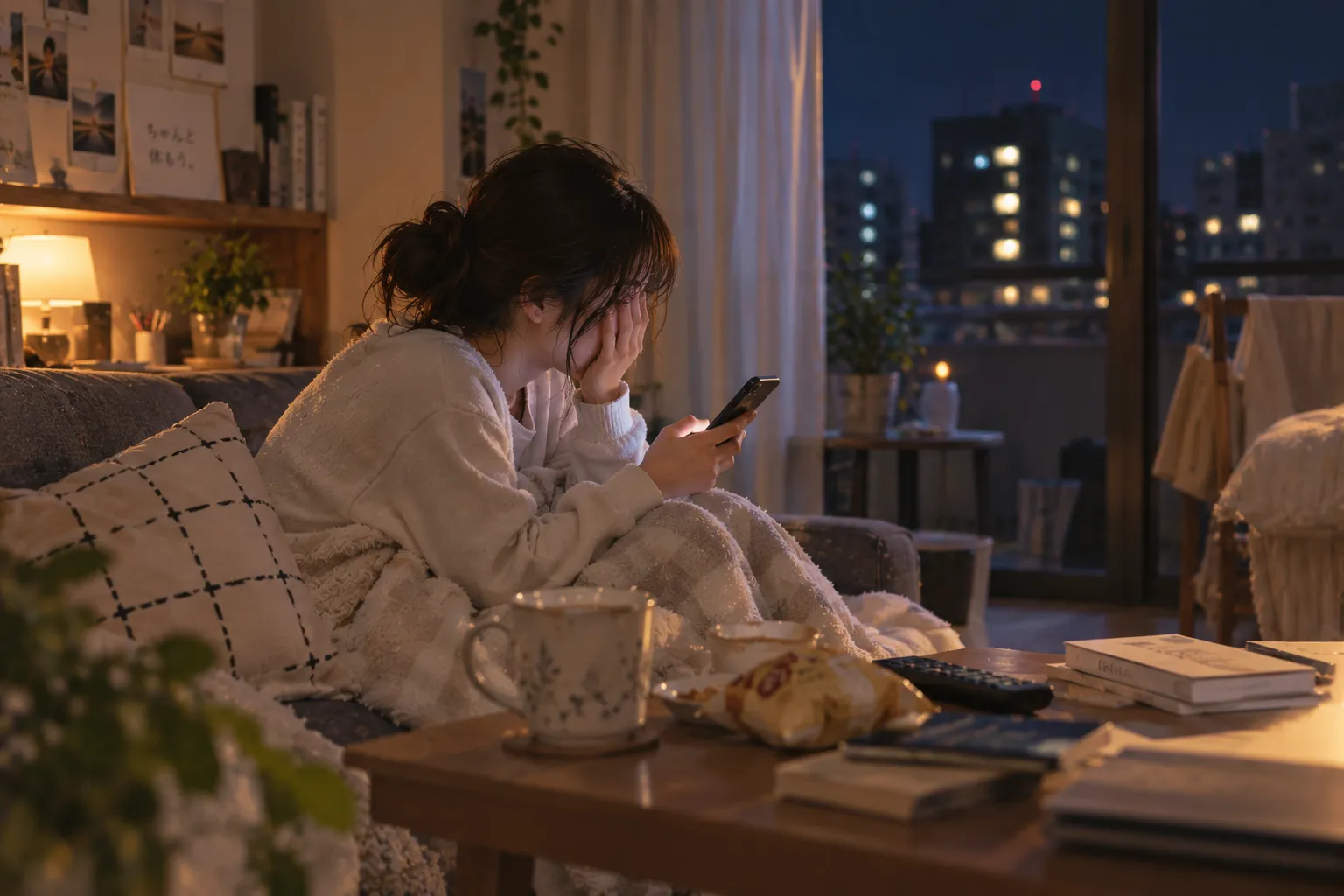 夜の部屋でスマートフォンを見続け、疲れを感じている女性