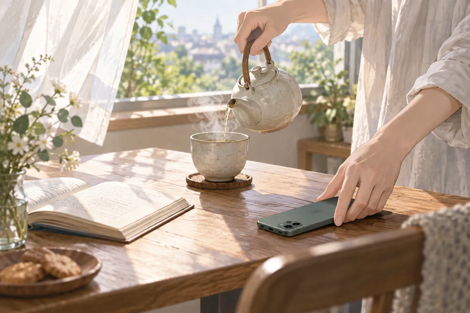 スマートフォンを伏せ、窓辺で温かいお茶を淹れる様子