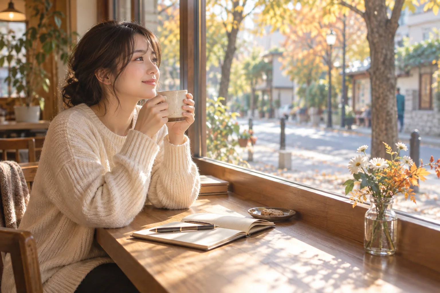 秋の光が入るカフェで、女性が温かい飲み物を手にしている