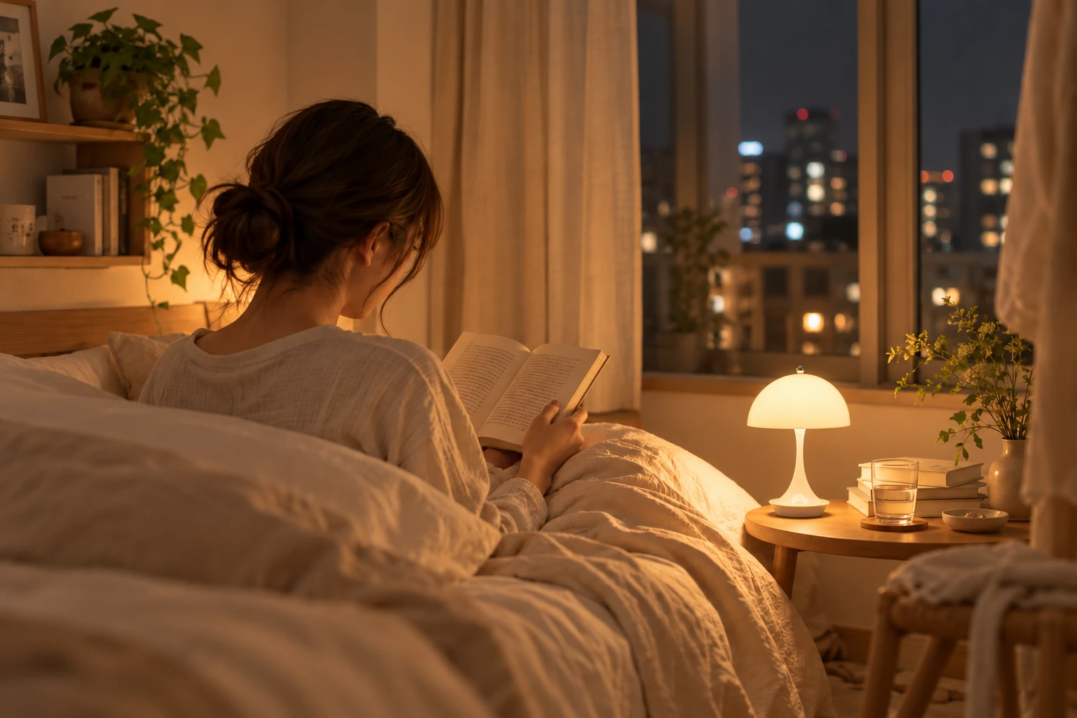 ベッドサイドのポータブルランプの灯りで本を読む夜