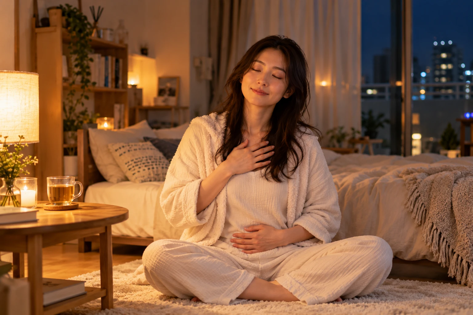 ゆっくり呼吸をしながら、お腹と胸に手を当てる女性