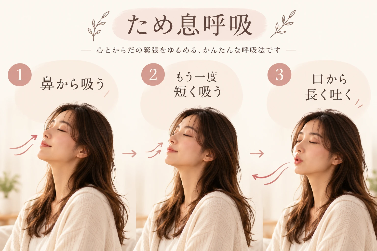 ため息呼吸のやり方:鼻から吸う、もう一度短く吸う、口から長く吐く