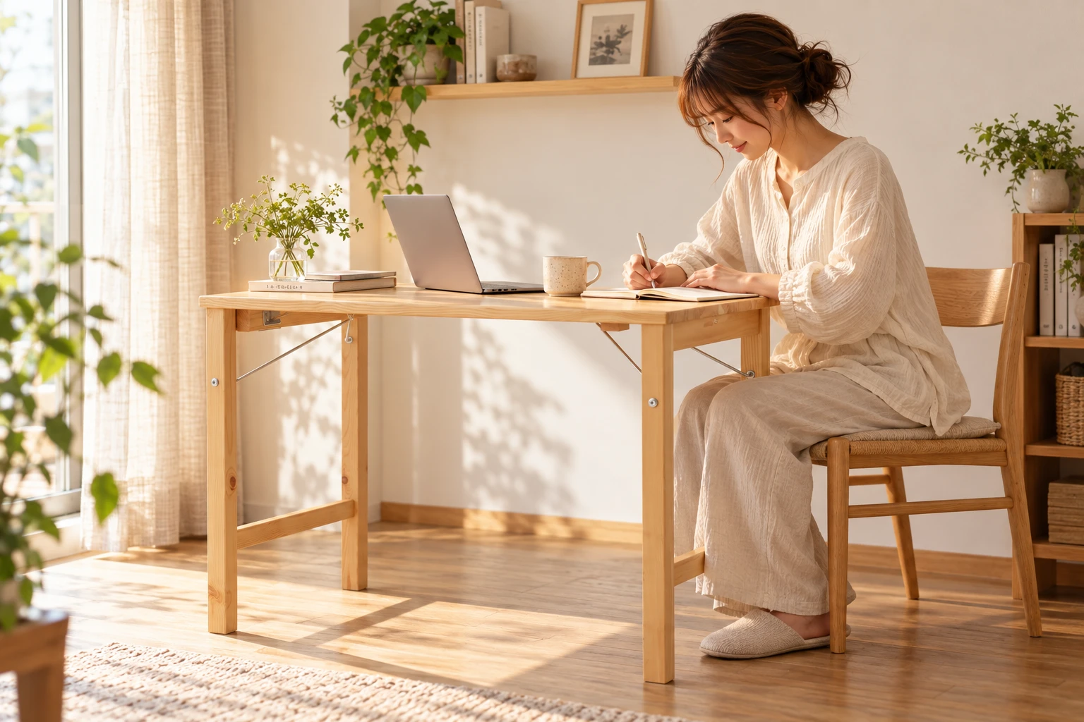 窓辺の折りたたみテーブルでノートPCを広げて作業する